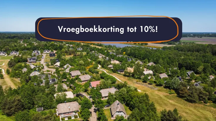 Banner met luchtfoto van Buitenplaats de Hildenberg en de tekst vroegboekkorting tot 10 procent
